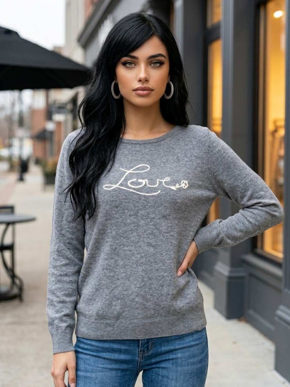 Rain + Rose LOVE Angora Blend Sweater Gray Cream Large Cozy Romantic Casual Chic